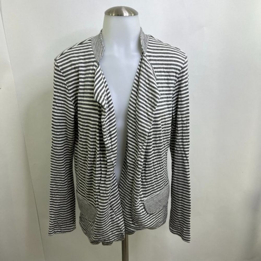 Dolan Cardigan S Open Front Gray White Stripe Work Career Sweater Knit